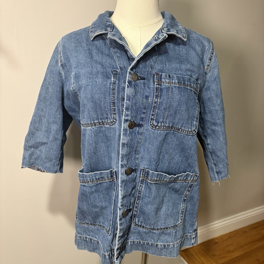 Everlane Denim Chore Jacket Jean Shacket Jacket Sz S Cropped Sleeves